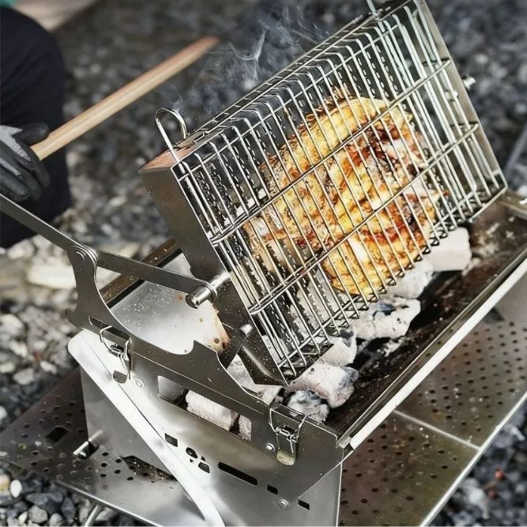 Flip Grill 360° Rotating Barbecue Grill, Manual Push-Pull Auto Flipping Charcoal Grill for Outdoor Camping & Picnics