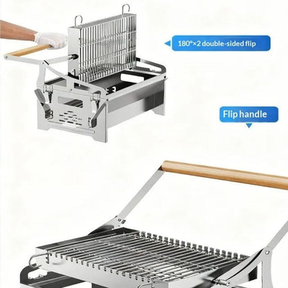 Flip Grill 360° Rotating Barbecue Grill, Manual Push-Pull Auto Flipping Charcoal Grill for Outdoor Camping & Picnics
